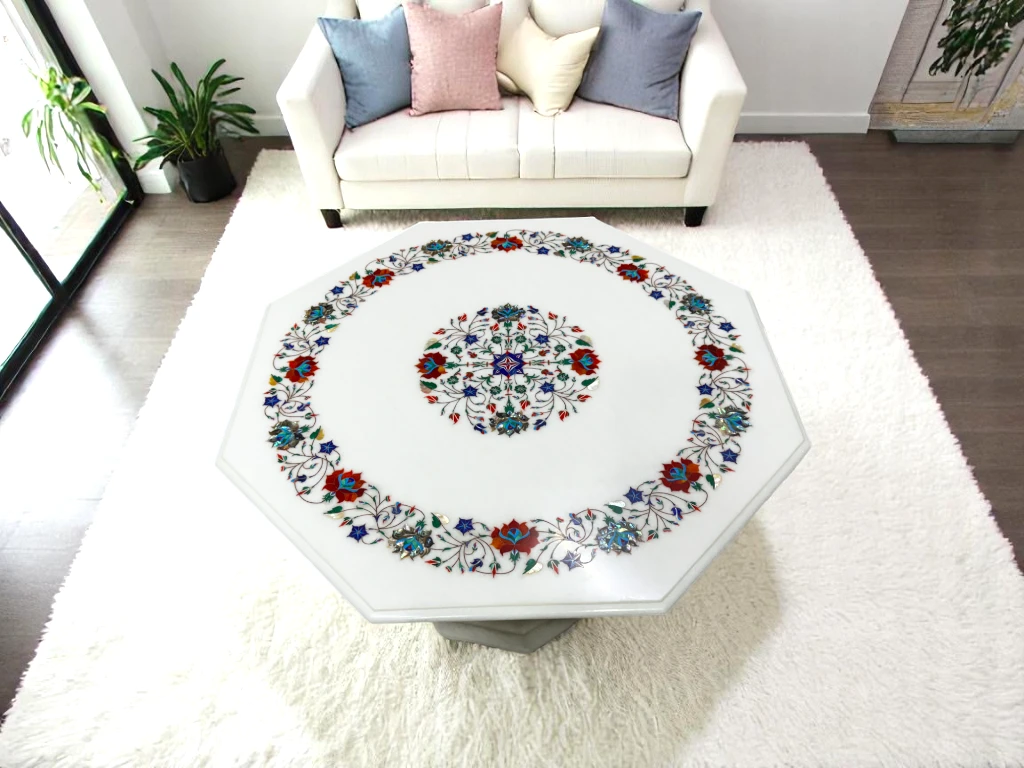 Handcrafted Marble Inlay Side Table with Stand Base